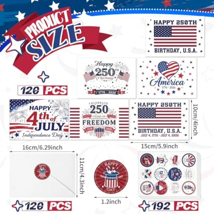 120 Pcs Patriotic 4th of July Greeting Cards Bulk for 250th Anniversary with 120 White Envelopes and 24 Stickers Veterans Memor