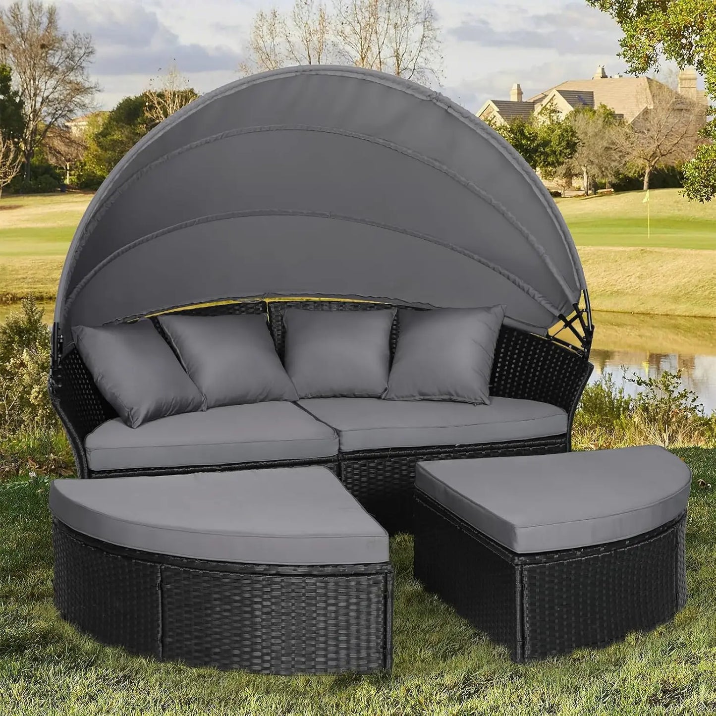 Retractable Canopy Patio Daybed Rattan Sofa Set 5pc Cushioned Seats for Garden Pool Brown Customized