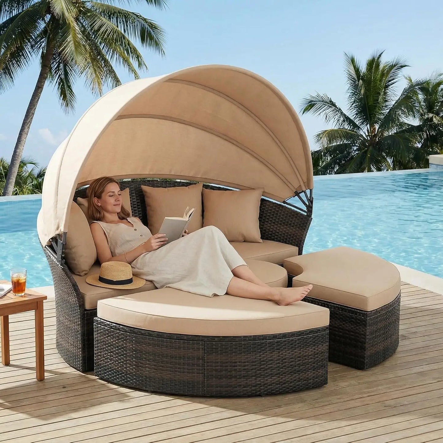 Retractable Canopy Patio Daybed Rattan Sofa Set 5pc Cushioned Seats for Garden Pool Brown Customized
