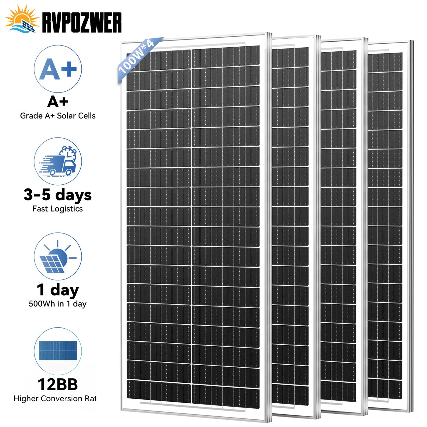 RVPOZWER 12.8V 400/200/100W Rigid Solar Panel 12BB N-Type Solar Cells Monocrystalline Silicon Waterproof Solar Panel Home/RV