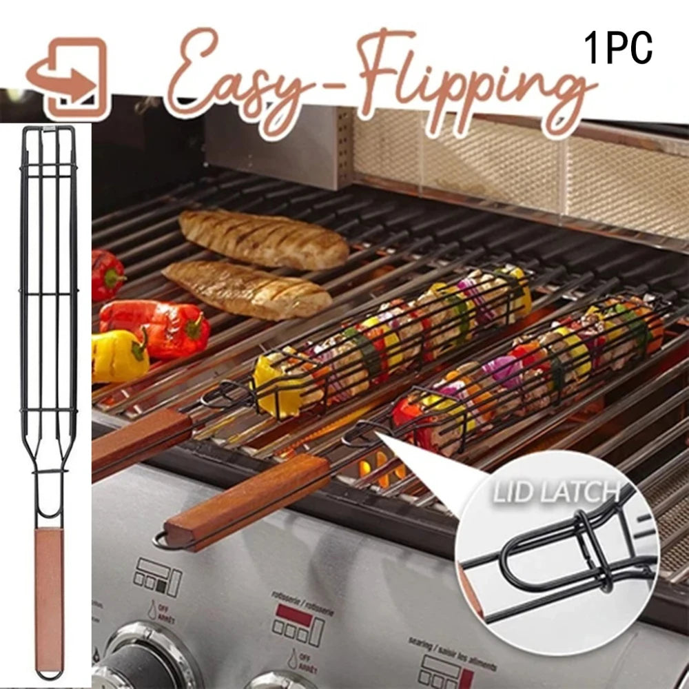 12/3PCS Stainless Steel Barbecue Rack Barbecue Clip Durable Portable Barbecue Basket Paint Coat Wooden Handle Barbecue Net