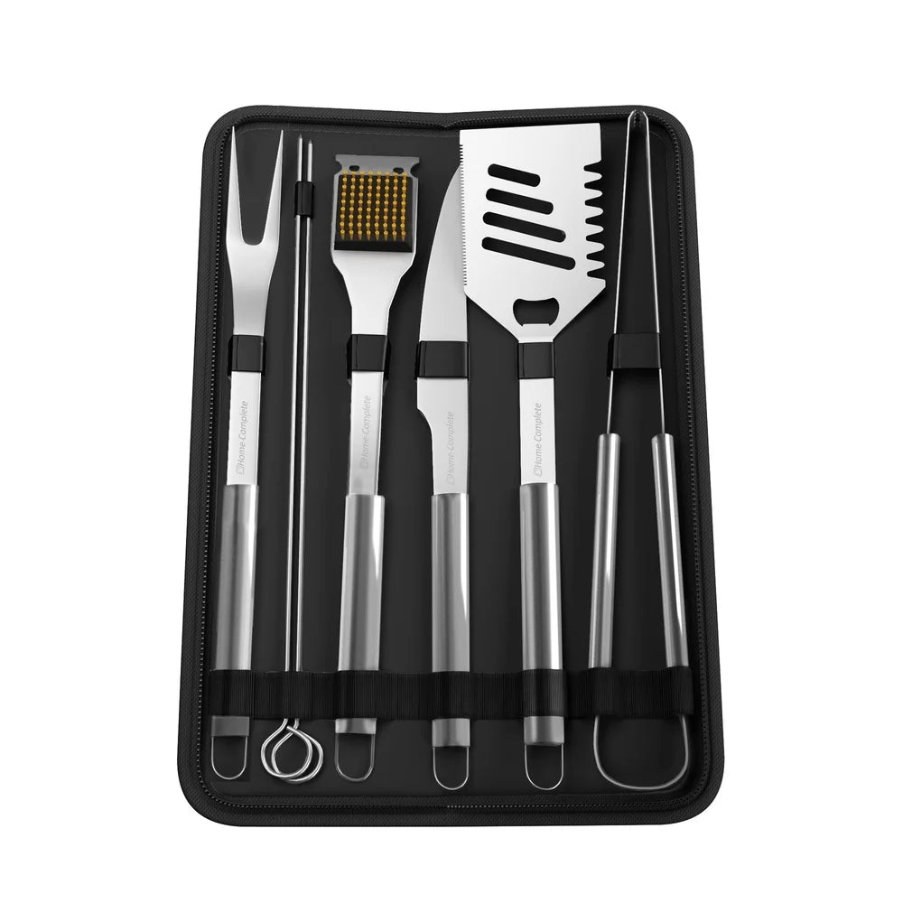 7-Piece BBQ Grill Tool Kit Stainless Steel Utensils Set with Spatula Tongs Fork Knife Brush Skewers and Storage Case