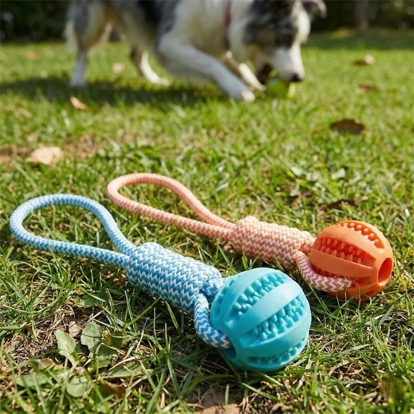 1-Pack Dog Puzzle Toy with Rope Handle - 18×5cm Treat Dispensing Rubber Ball, Mental Stimulation Toy for Boredom Relief