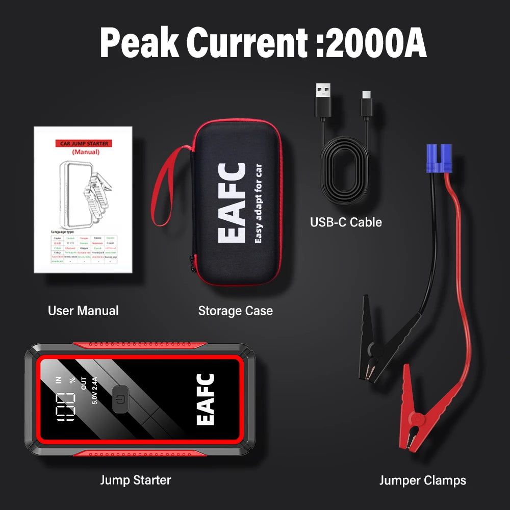 Car Jump Starter 2000A/1200A/600A Battery Charger Emergency Power Bank Booster with LED Lighting Starting Device for 12V Cars