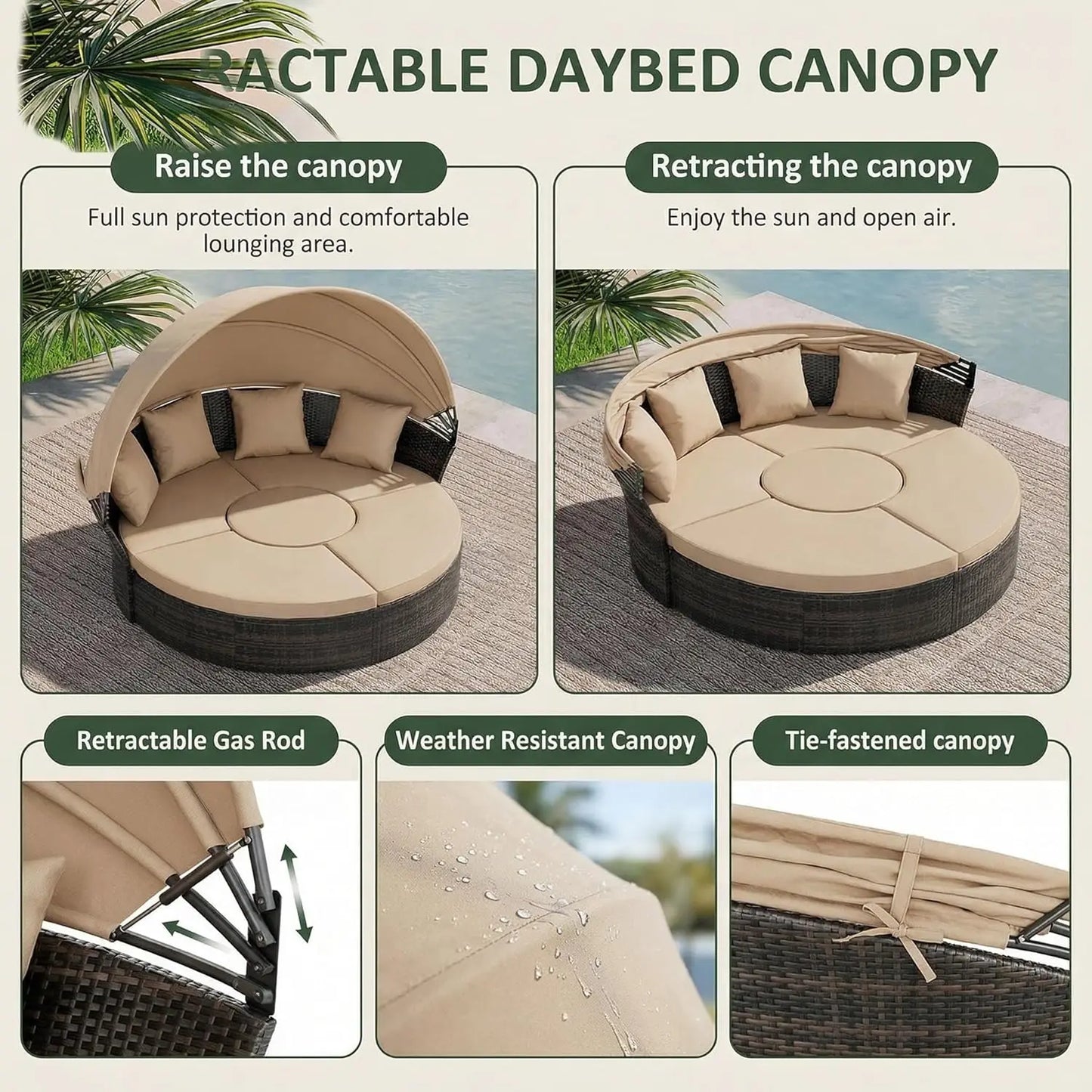 Retractable Canopy Patio Daybed Rattan Sofa Set 5pc Cushioned Seats for Garden Pool Brown Customized