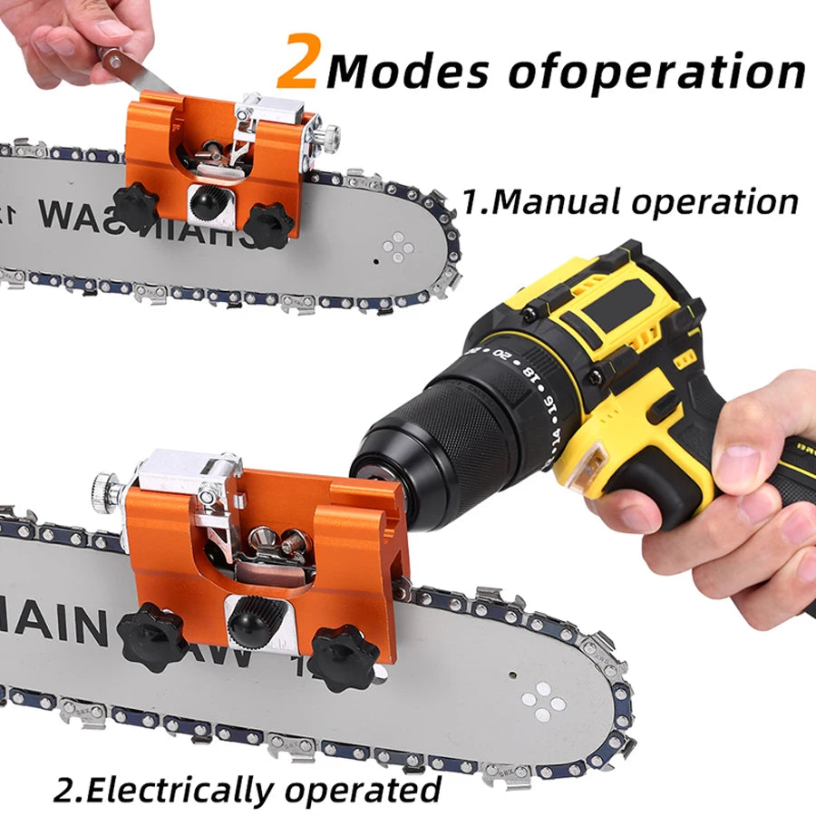 1 Set of Chainsaw Sharpener Kit, Portable Chainsaw Sharpener, Hand-Cranked Chainsaw Sharpening Tool, with 4 Dual-Purpose Carbide Sharpening Heads, Extended Guide Sleeve Design, Chainsaw Sharpening Clamp, Used for Quick Sharpe