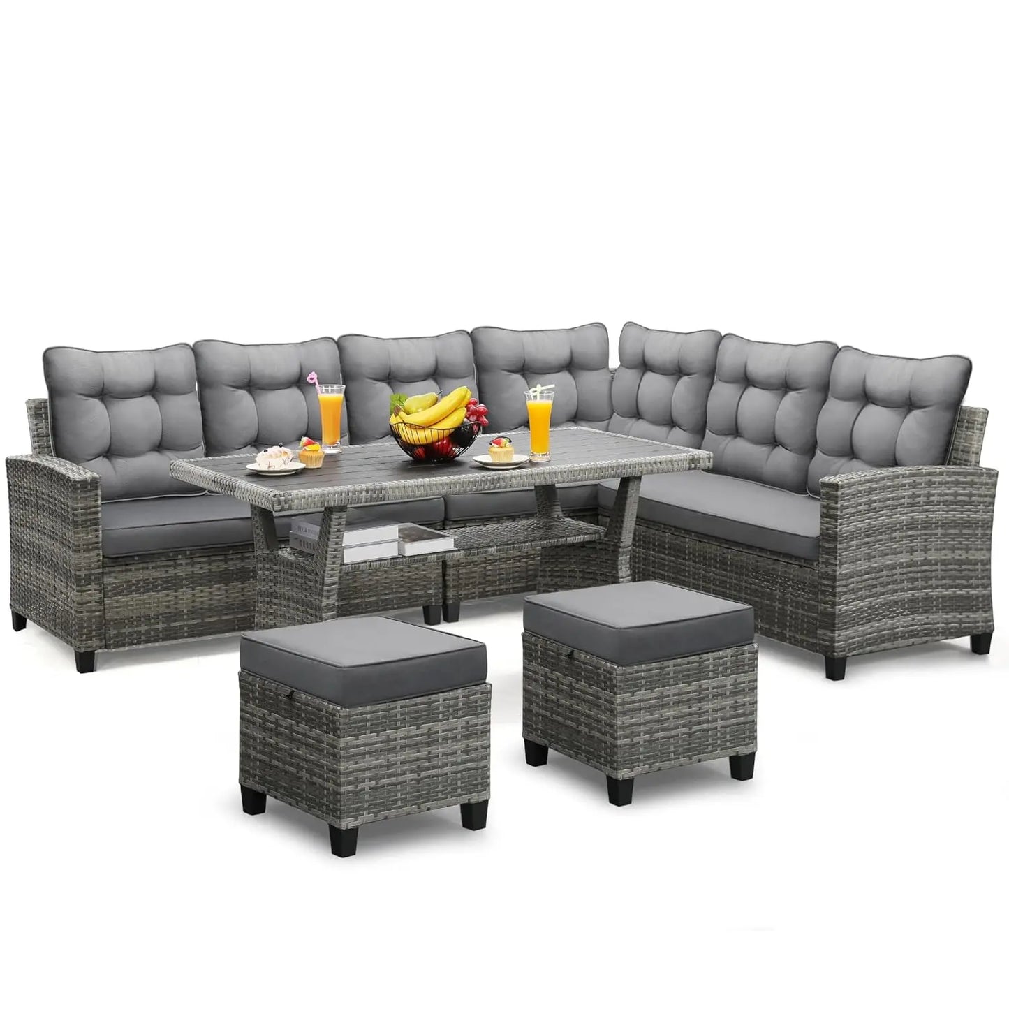 6-Piece Patio Set Sectional Sofa Dining Table Chairs All-Weather Removable Cushion Garden Porch Backyard, Customized
