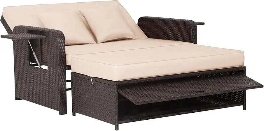 Patio Rattan Daybed Set, Wicker Loveseat Sofa w/Multipurpose Ottoman & Retractable Side Tray, 4-Level Adjustable Backrest, Foot, in Multiple colors.