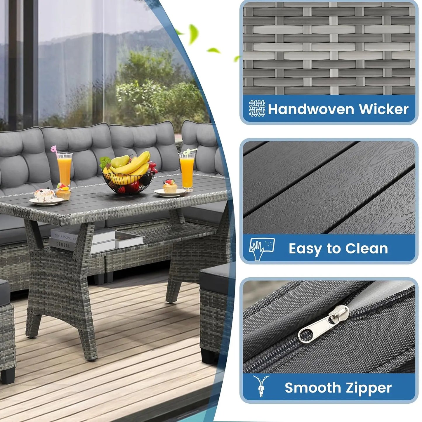 6-Piece Patio Set Sectional Sofa Dining Table Chairs All-Weather Removable Cushion Garden Porch Backyard, Customized