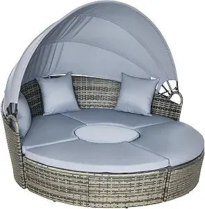 4 Piece Round Rattan Daybed, Convertible Patio Furniture Set, Adjustable Sun Canopy, Sectional Outdoor Sofa, 2 Chairs, Extendin