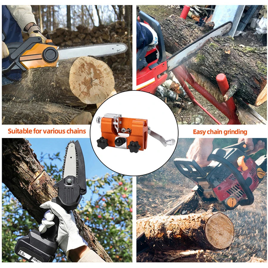 1 Set of Chainsaw Sharpener Kit, Portable Chainsaw Sharpener, Hand-Cranked Chainsaw Sharpening Tool, with 4 Dual-Purpose Carbide Sharpening Heads, Extended Guide Sleeve Design, Chainsaw Sharpening Clamp, Used for Quick Sharpe