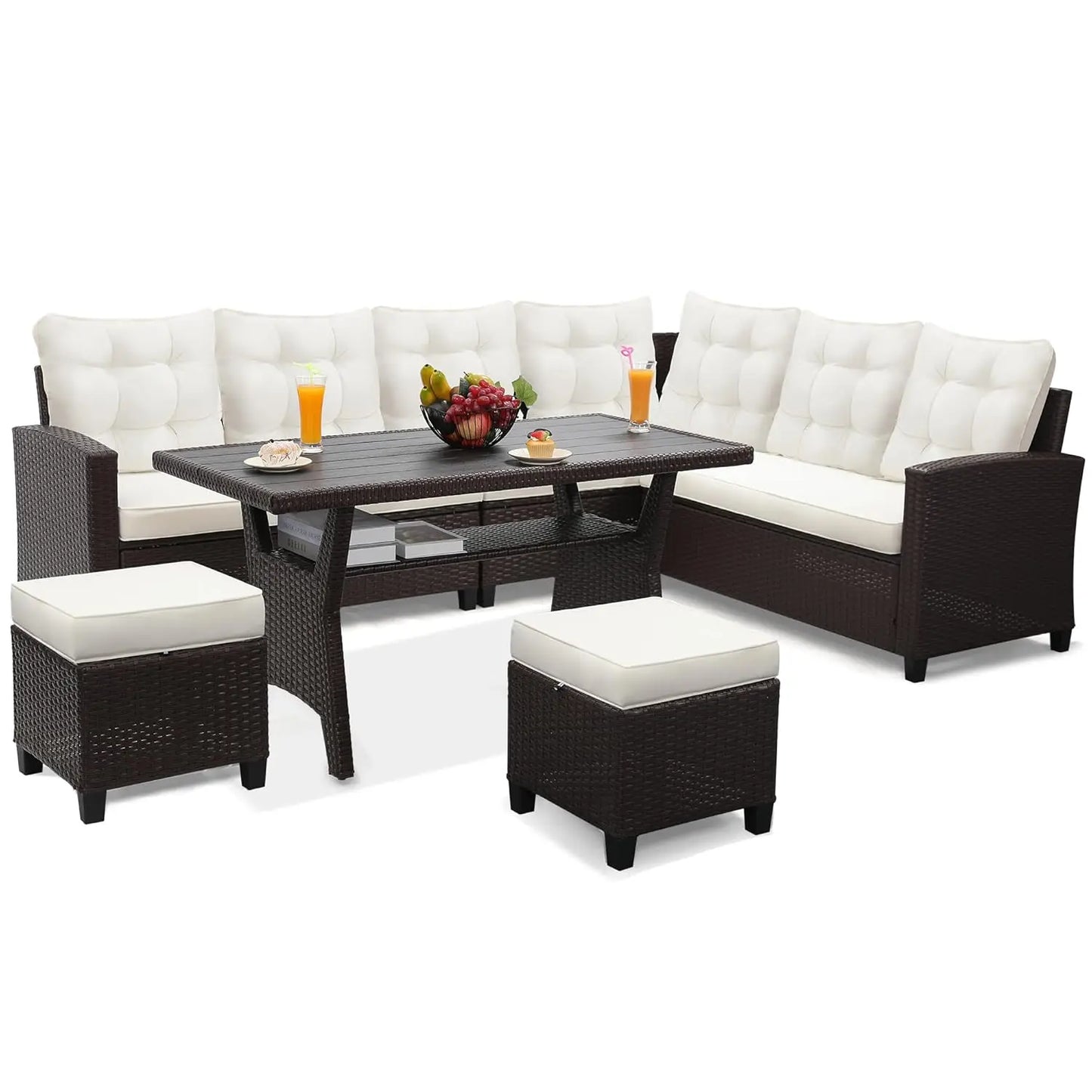 6-Piece Patio Set Sectional Sofa Dining Table Chairs All-Weather Removable Cushion Garden Porch Backyard, Customized