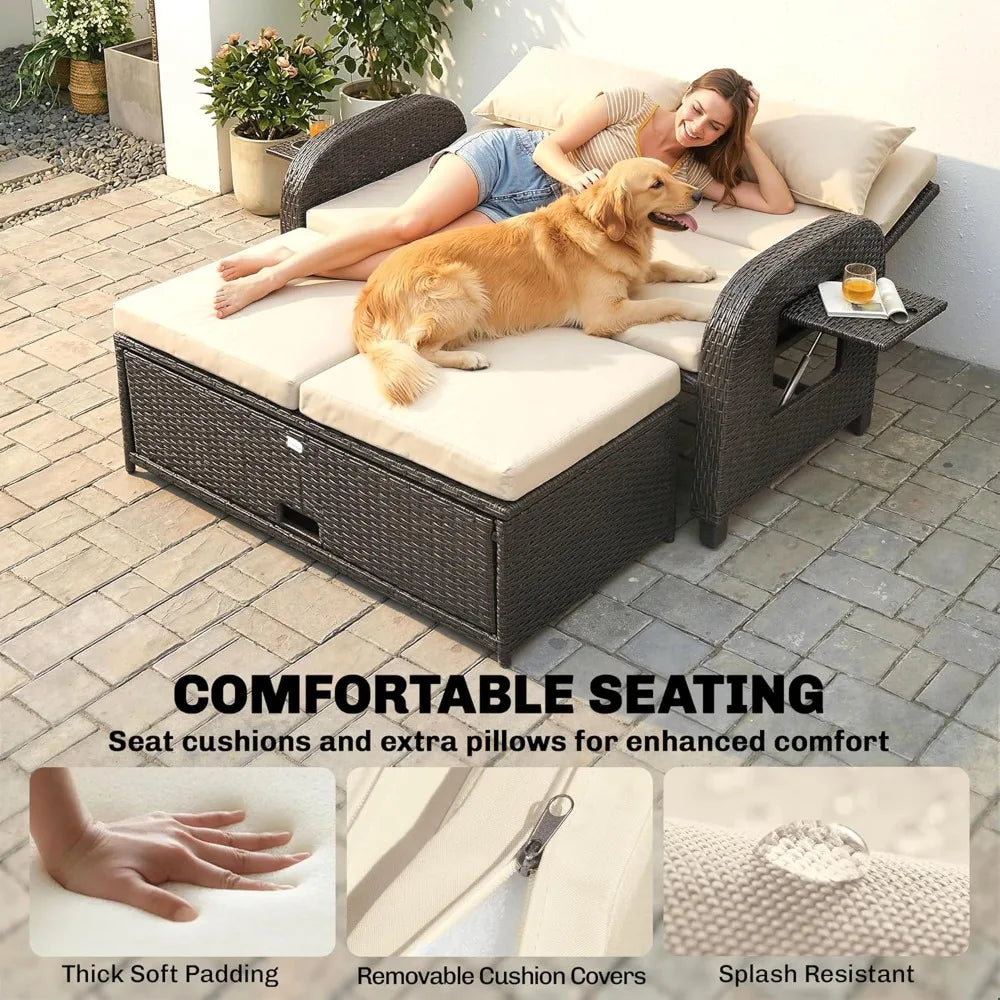 Outsunny Patio Rattan Daybed, Wicker Outdoor Daybed with Storage Ottoman, Loveseat Sofa with Adjustable Backrest, Side Tables